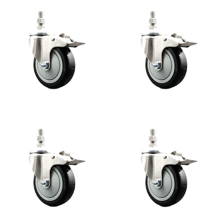 Service Caster 4 Inch 316SS Black Polyurethane Wheel Swivel 3/8 Inch Stem Caster Set Lock Brake SS316TSTTL20S414-PPUB-BLK-381615-4